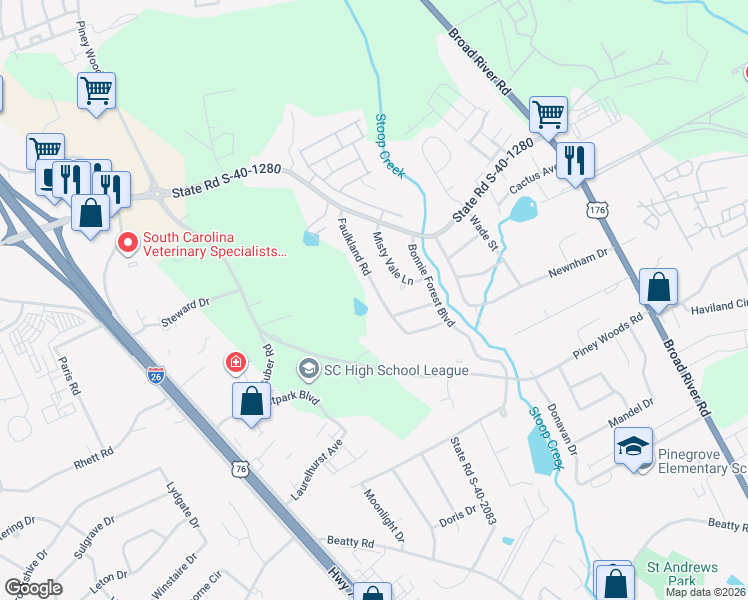 map of restaurants, bars, coffee shops, grocery stores, and more near 4633 Faulkland Road in Columbia