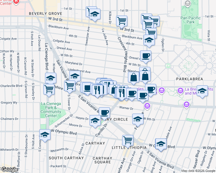 map of restaurants, bars, coffee shops, grocery stores, and more near 6361 Orange Street in Los Angeles