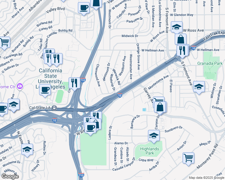map of restaurants, bars, coffee shops, grocery stores, and more near 2437 Winthrop Drive in Alhambra
