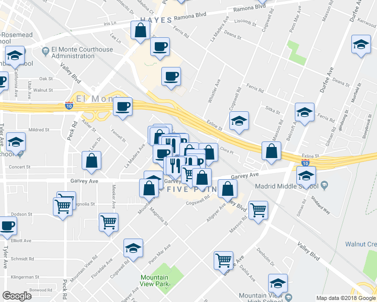 map of restaurants, bars, coffee shops, grocery stores, and more near 3141 Mountain View Road in El Monte