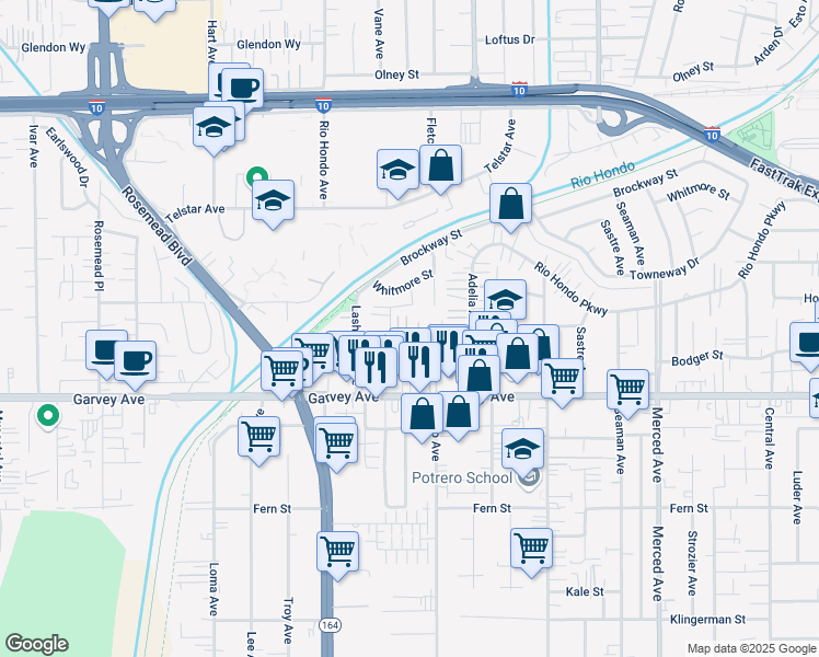 map of restaurants, bars, coffee shops, grocery stores, and more near 9565 Cortada Street in South El Monte