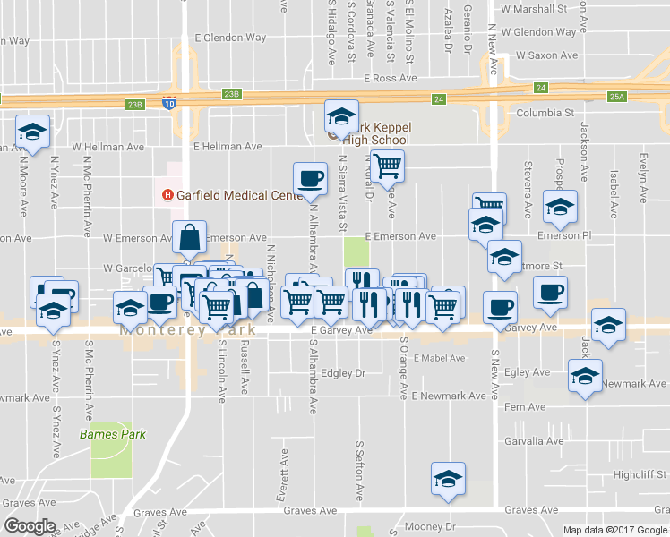 map of restaurants, bars, coffee shops, grocery stores, and more near 235 N Sierra Vista St in Monterey Park