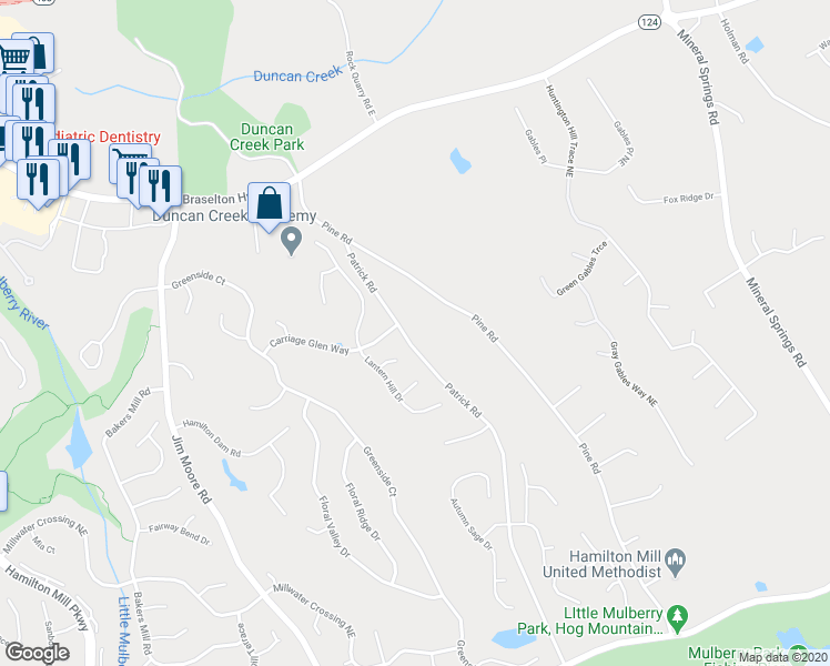map of restaurants, bars, coffee shops, grocery stores, and more near 1920 Patrick Road in Dacula