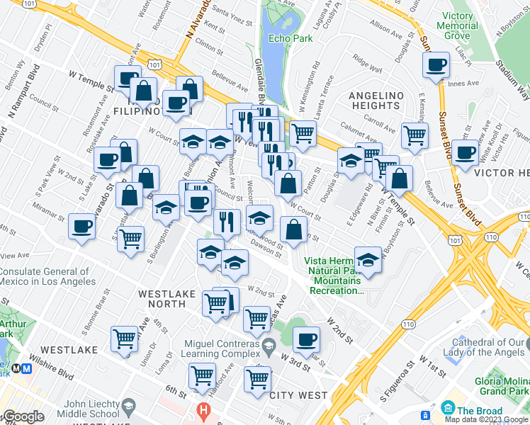 map of restaurants, bars, coffee shops, grocery stores, and more near 217 Lake Shore Terrace in Los Angeles