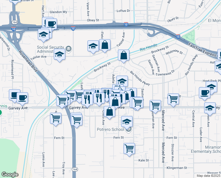 map of restaurants, bars, coffee shops, grocery stores, and more near 3117 Adelia Avenue in El Monte