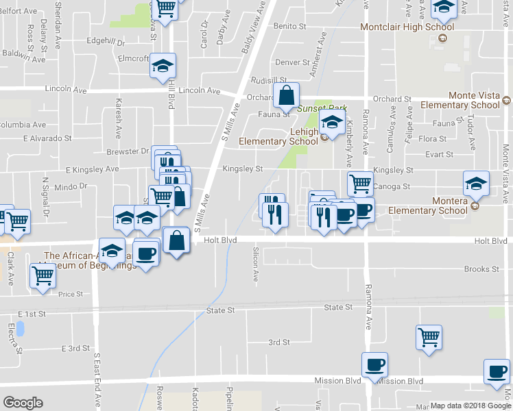 map of restaurants, bars, coffee shops, grocery stores, and more near 10408 Via Palma in Montclair