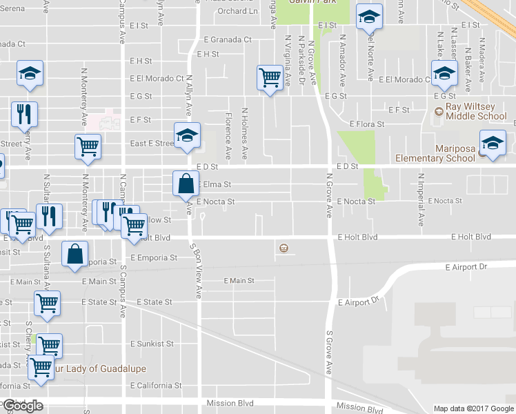 map of restaurants, bars, coffee shops, grocery stores, and more near 1060 East Nocta Street in Ontario