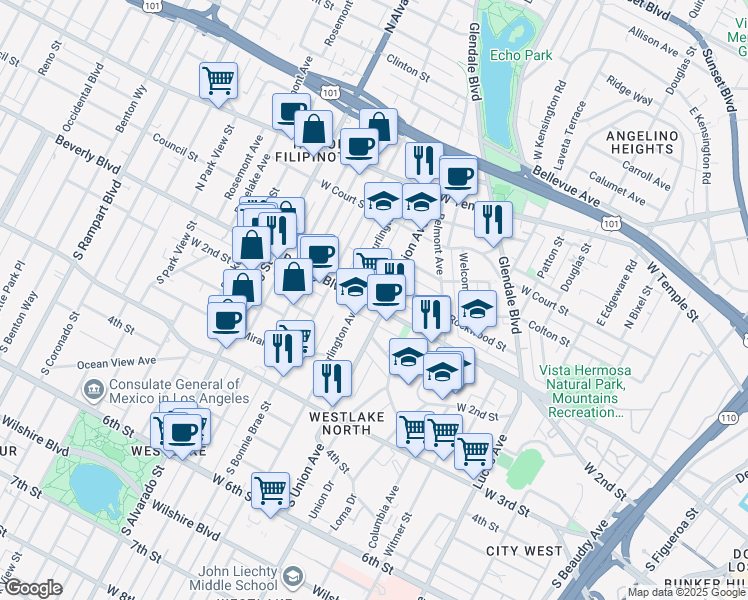 map of restaurants, bars, coffee shops, grocery stores, and more near 1711 Beverly Blvd in Los Angeles
