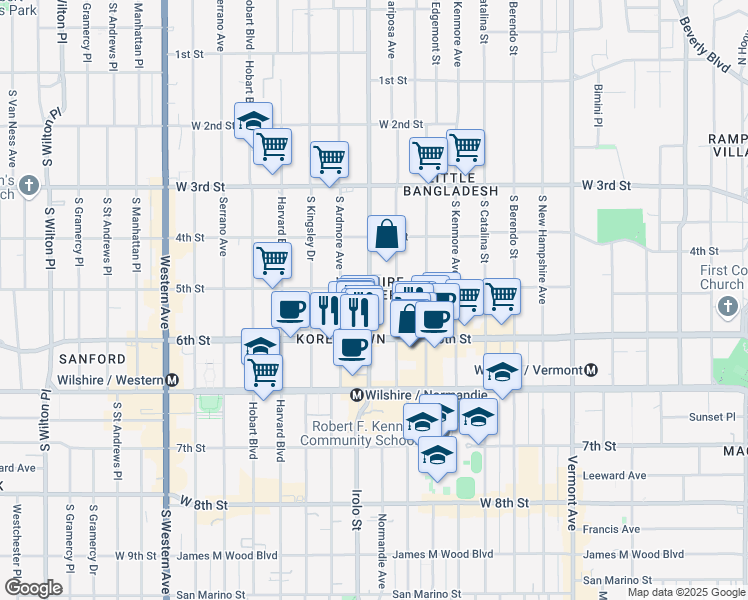 map of restaurants, bars, coffee shops, grocery stores, and more near 510 South Normandie Avenue in Los Angeles