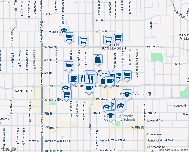 map of restaurants, bars, coffee shops, grocery stores, and more near 510 South Normandie Avenue in Los Angeles