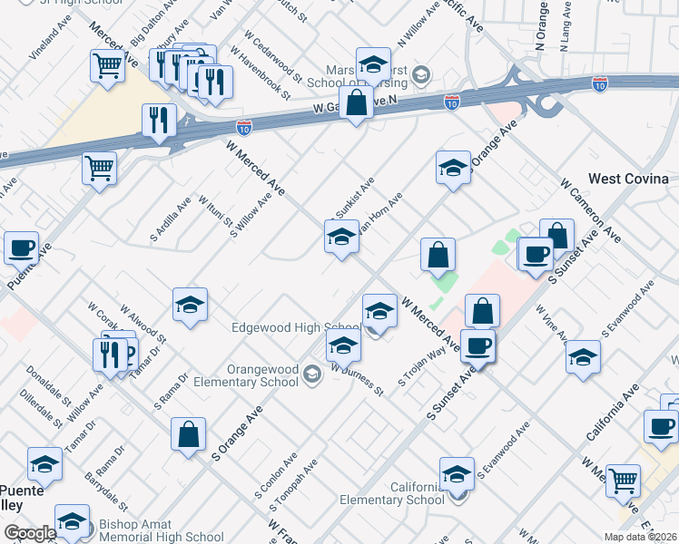 map of restaurants, bars, coffee shops, grocery stores, and more near 1866 West Merced Avenue in West Covina