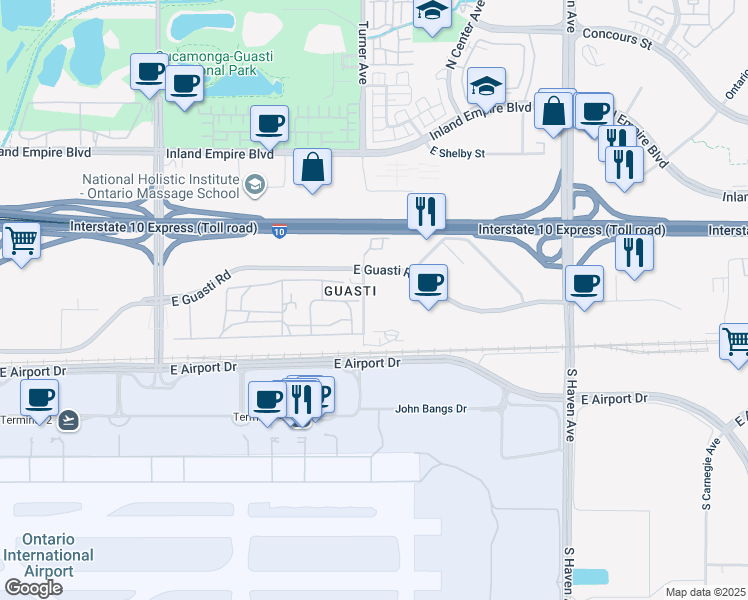 map of restaurants, bars, coffee shops, grocery stores, and more near 320 North Turner Avenue in Ontario
