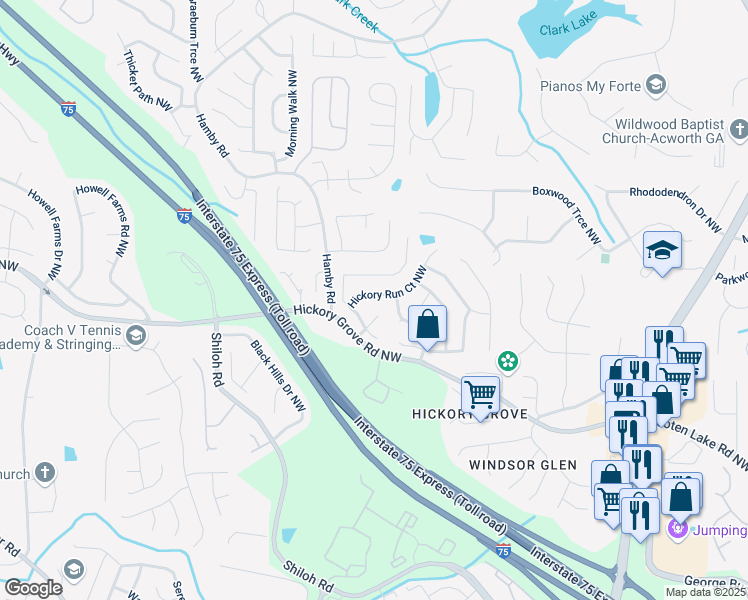 map of restaurants, bars, coffee shops, grocery stores, and more near 4586 Hickory Run Court Northwest in Acworth