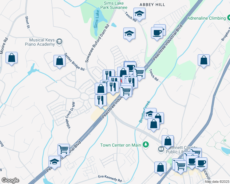 map of restaurants, bars, coffee shops, grocery stores, and more near 415 Peachtree Industrial Boulevard in Suwanee