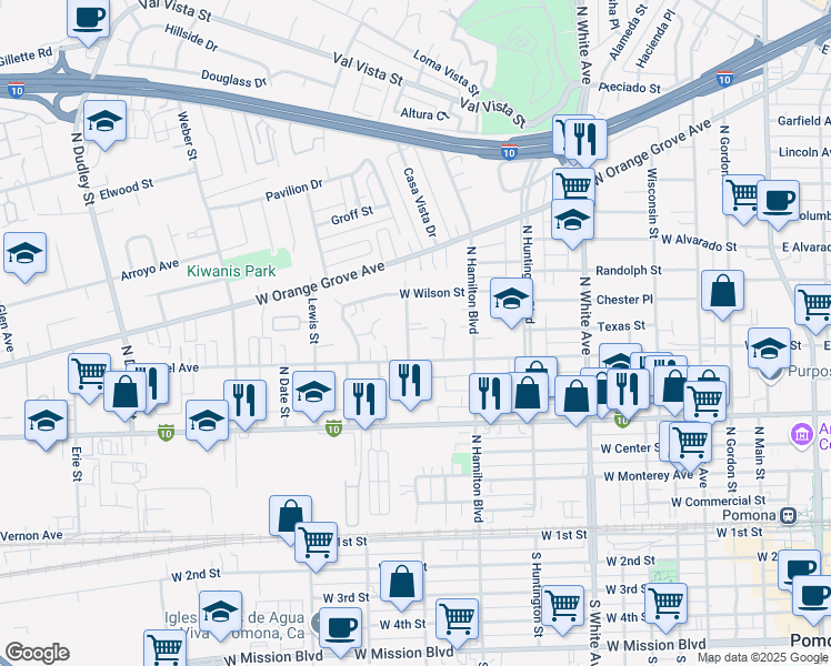 map of restaurants, bars, coffee shops, grocery stores, and more near 789 North Myrtle Avenue in Pomona