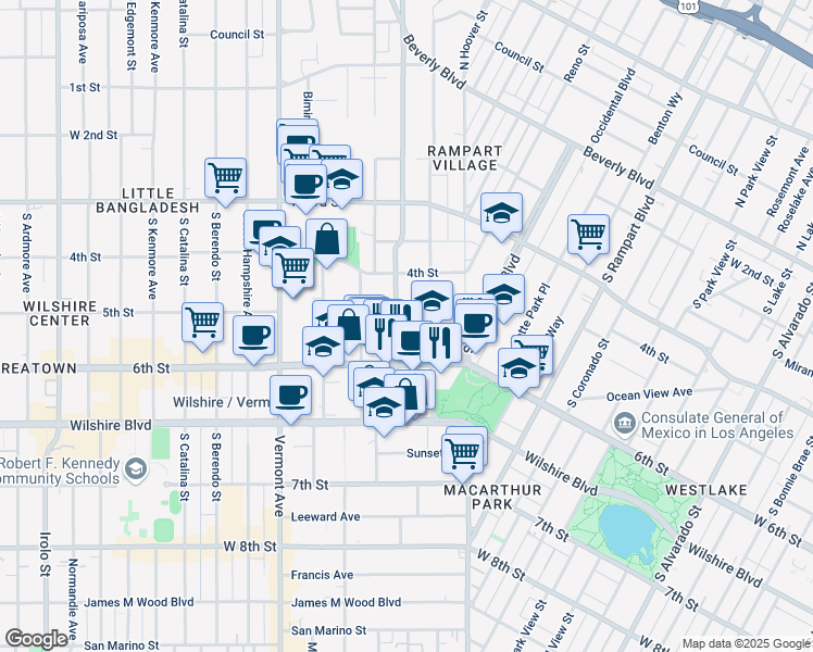 map of restaurants, bars, coffee shops, grocery stores, and more near 500 South Virgil Avenue in Los Angeles