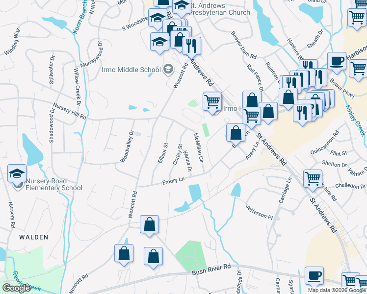 map of restaurants, bars, coffee shops, grocery stores, and more near 5838 Kenna Drive in Columbia