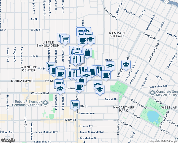 map of restaurants, bars, coffee shops, grocery stores, and more near 3863 West 6th Street in Los Angeles