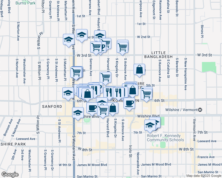 map of restaurants, bars, coffee shops, grocery stores, and more near 514 South Harvard Boulevard in Los Angeles