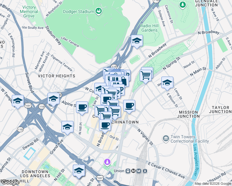 map of restaurants, bars, coffee shops, grocery stores, and more near 937 Sun Mun Way in Los Angeles