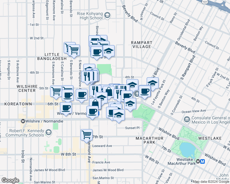 map of restaurants, bars, coffee shops, grocery stores, and more near 501 South Westmoreland Avenue in Los Angeles