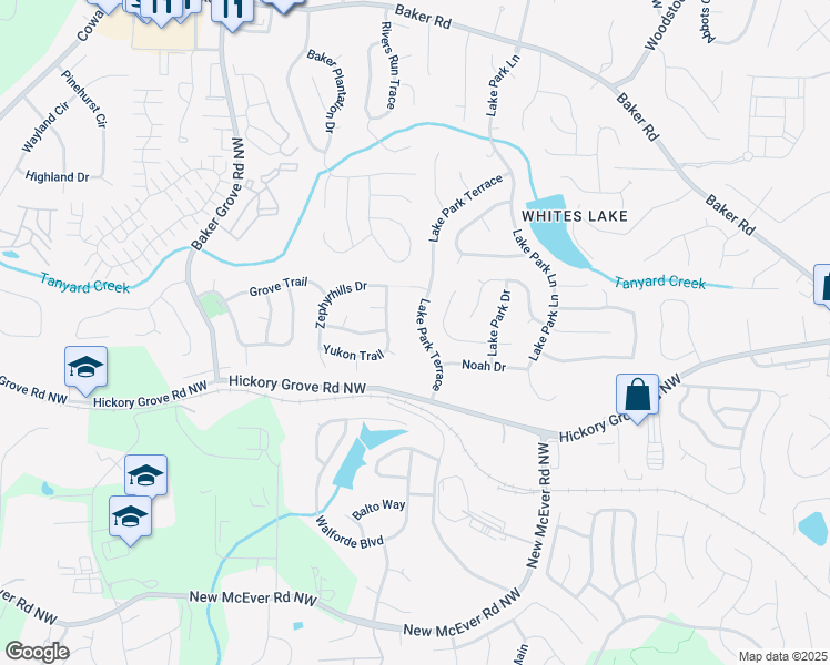 map of restaurants, bars, coffee shops, grocery stores, and more near 4797 Lake Park Terrace in Acworth