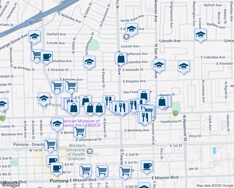 map of restaurants, bars, coffee shops, grocery stores, and more near 586 San Francisco Avenue in Pomona