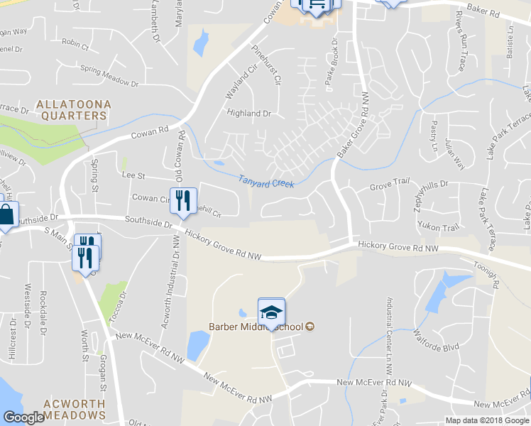 map of restaurants, bars, coffee shops, grocery stores, and more near 3341 Grove Park Terrace in Acworth