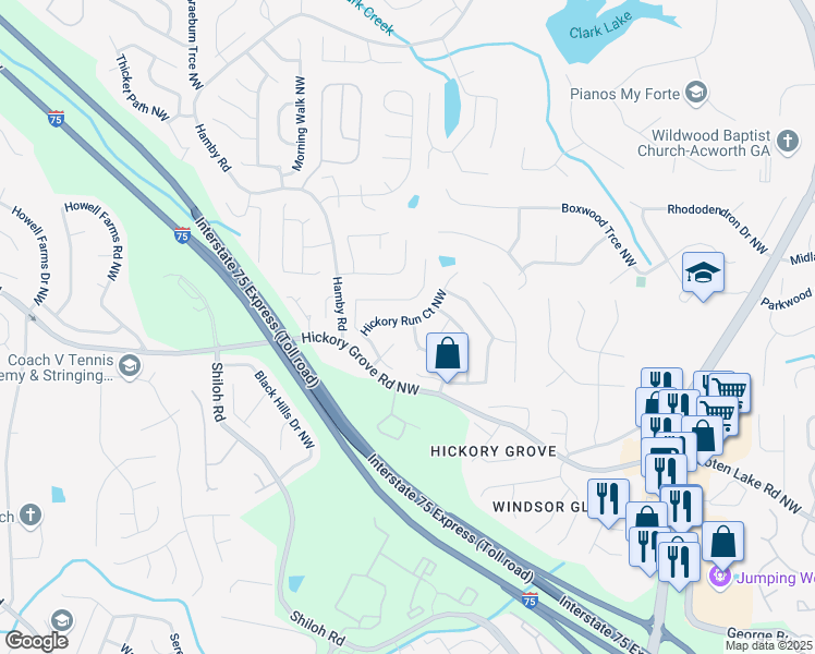 map of restaurants, bars, coffee shops, grocery stores, and more near 4569 Hickory Forest Drive Northwest in Acworth