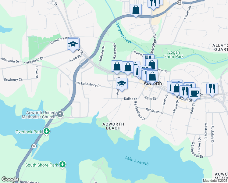 map of restaurants, bars, coffee shops, grocery stores, and more near 4536 Lombardy Way in Acworth