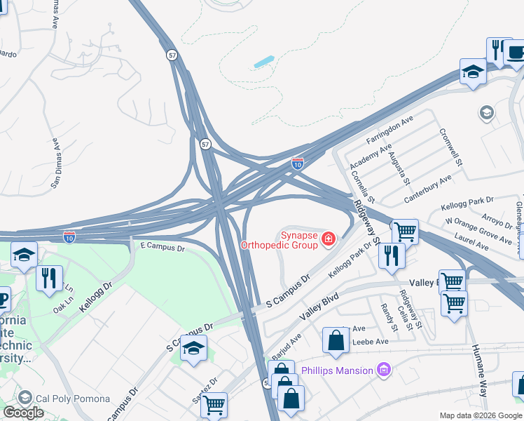 map of restaurants, bars, coffee shops, grocery stores, and more near Christopher Columbus Transcontinental Highway in Pomona