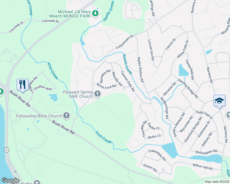 map of restaurants, bars, coffee shops, grocery stores, and more near 105 Brent Ford Circle in Columbia