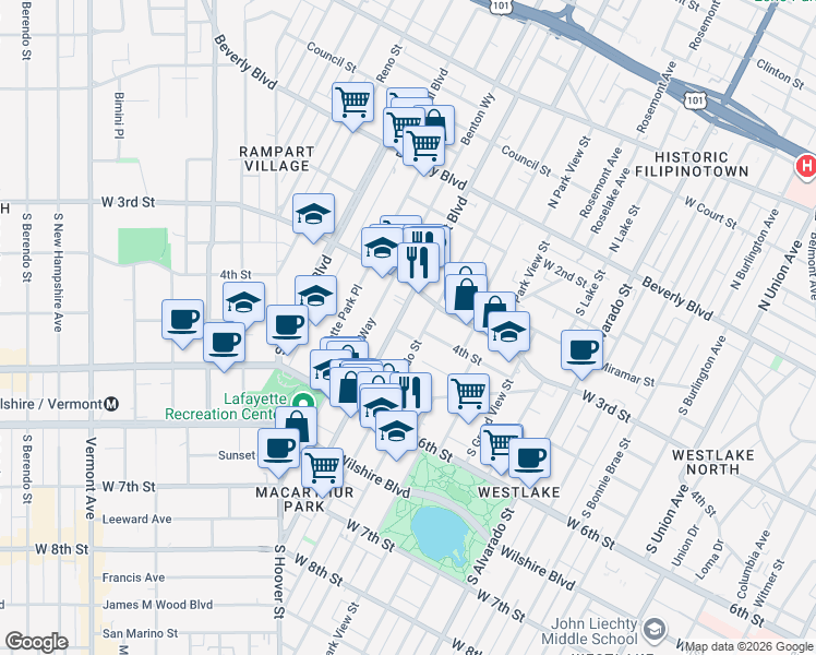 map of restaurants, bars, coffee shops, grocery stores, and more near 356 South Rampart Boulevard in Los Angeles
