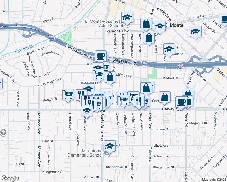 map of restaurants, bars, coffee shops, grocery stores, and more near 3112 Granada Avenue in El Monte