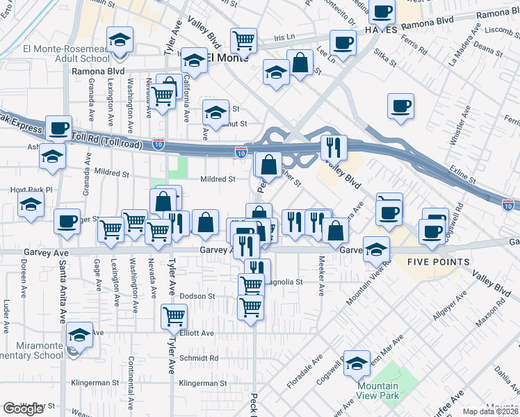 map of restaurants, bars, coffee shops, grocery stores, and more near 3116 Peck Road in El Monte