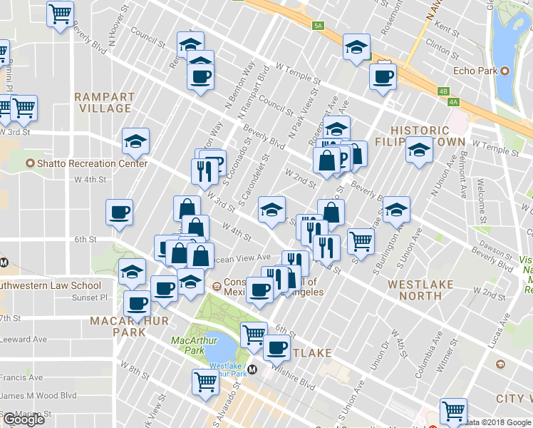 map of restaurants, bars, coffee shops, grocery stores, and more near 2332 Miramar Street in Los Angeles