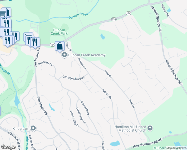 map of restaurants, bars, coffee shops, grocery stores, and more near 1920 Patrick Road in Dacula