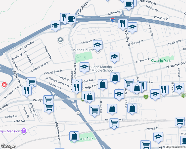map of restaurants, bars, coffee shops, grocery stores, and more near 993 Saed Street in Pomona