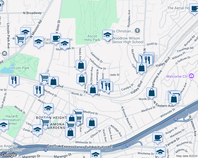 map of restaurants, bars, coffee shops, grocery stores, and more near 1870 North Rowan Avenue in Los Angeles