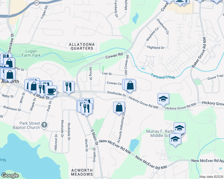 map of restaurants, bars, coffee shops, grocery stores, and more near 3844 Southside Drive in Acworth