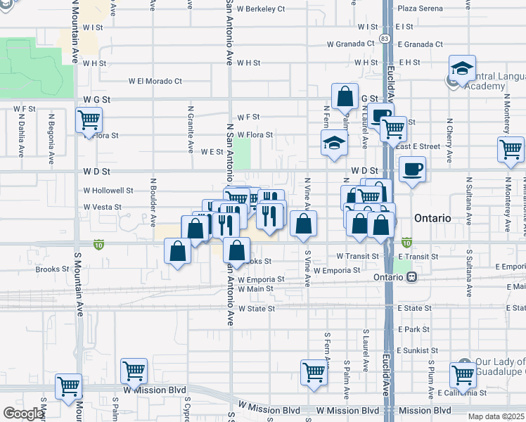 map of restaurants, bars, coffee shops, grocery stores, and more near 613 West Vesta Street in Ontario