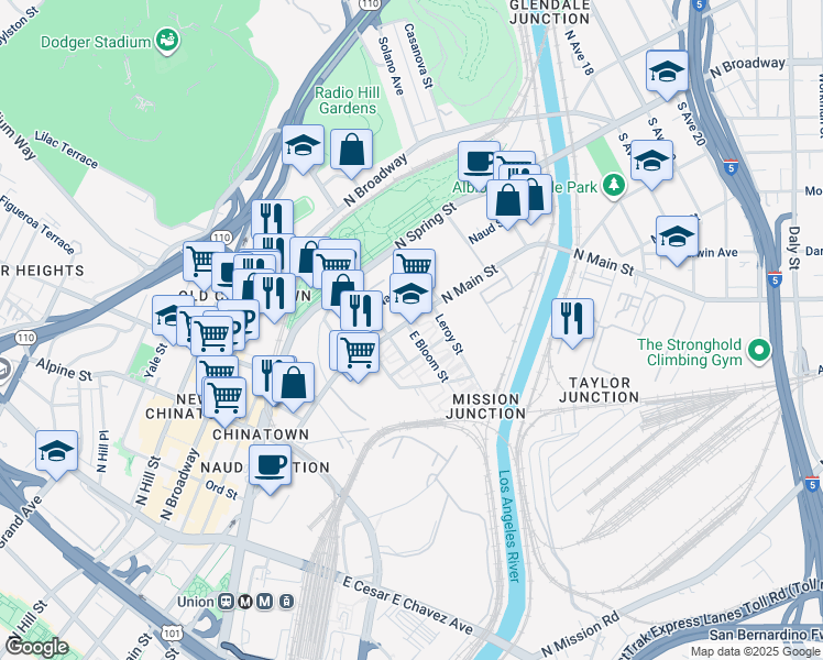 map of restaurants, bars, coffee shops, grocery stores, and more near 101-199 Bloom Street in Los Angeles