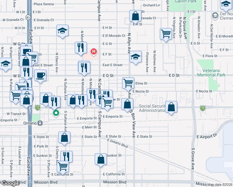 map of restaurants, bars, coffee shops, grocery stores, and more near 780 East Nocta Street in Ontario
