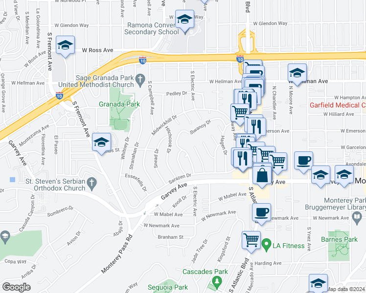 map of restaurants, bars, coffee shops, grocery stores, and more near 2400 Siwanoy Drive in Alhambra
