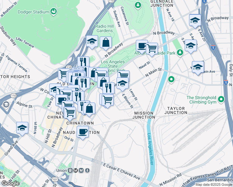 map of restaurants, bars, coffee shops, grocery stores, and more near 1401 North Main Street in Los Angeles