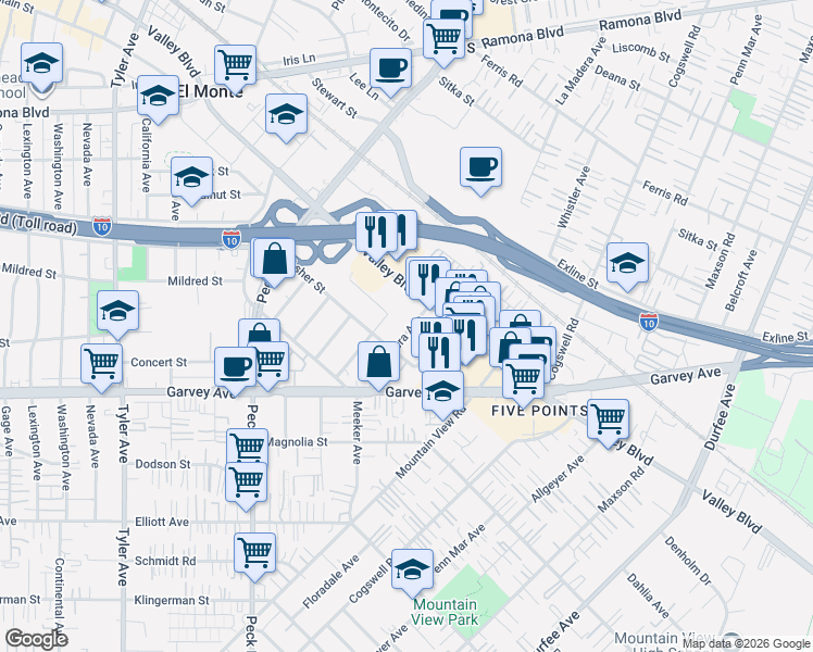 map of restaurants, bars, coffee shops, grocery stores, and more near 3129 La Madera Avenue in El Monte