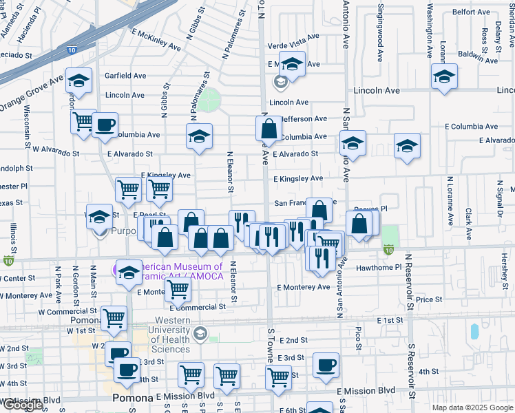 map of restaurants, bars, coffee shops, grocery stores, and more near 586 San Francisco Avenue in Pomona