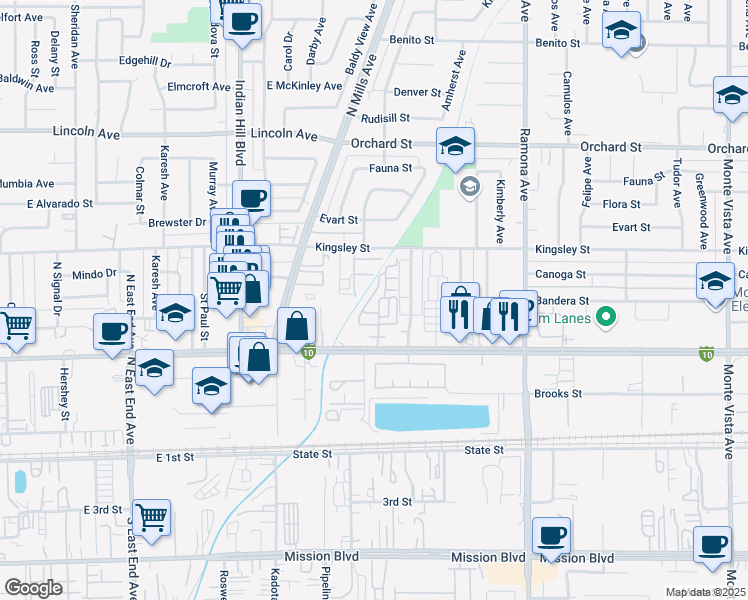 map of restaurants, bars, coffee shops, grocery stores, and more near 10401 Via Palma in Montclair