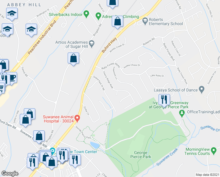 map of restaurants, bars, coffee shops, grocery stores, and more near 4090 Cherry Ridge Walk in Suwanee