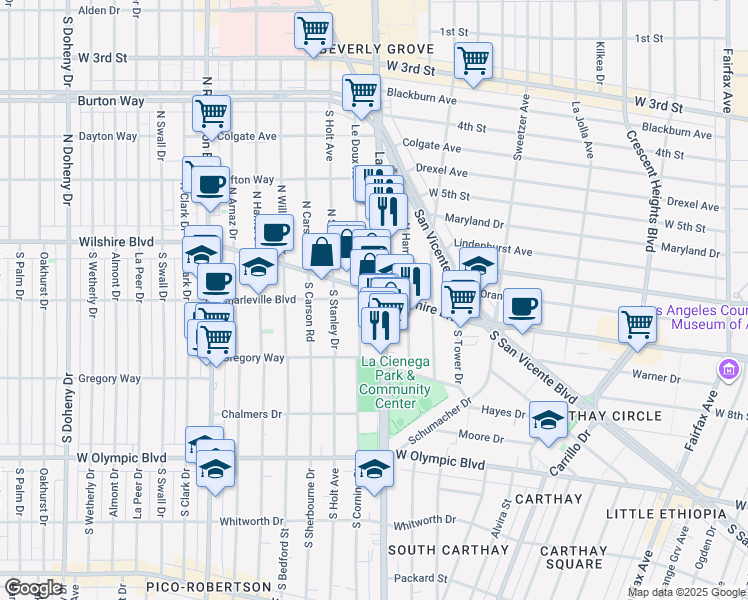 map of restaurants, bars, coffee shops, grocery stores, and more near 200s Le Doux Road in Beverly Hills